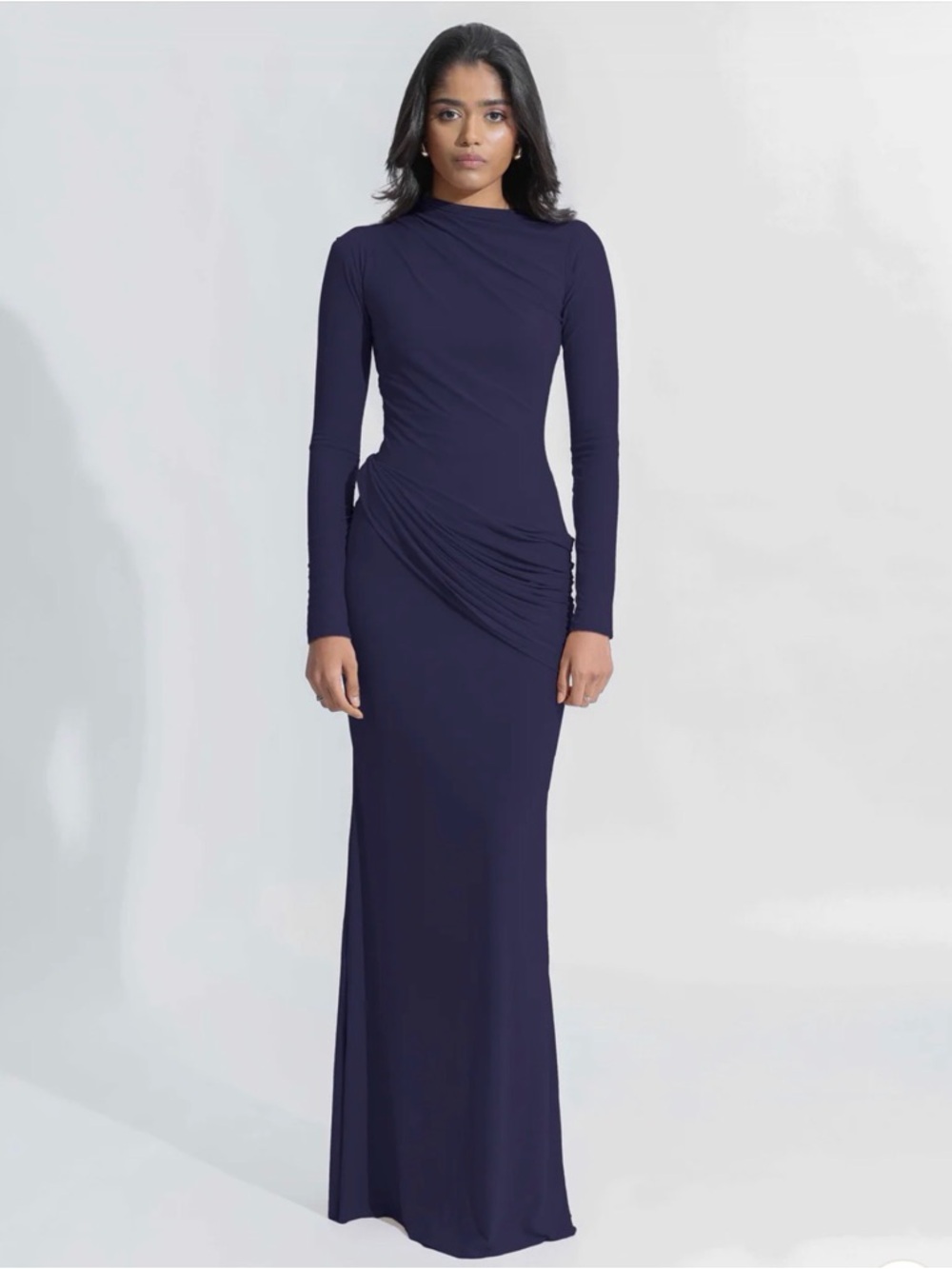 Long Sleeve Navy Side-Ruched Maxi Dress